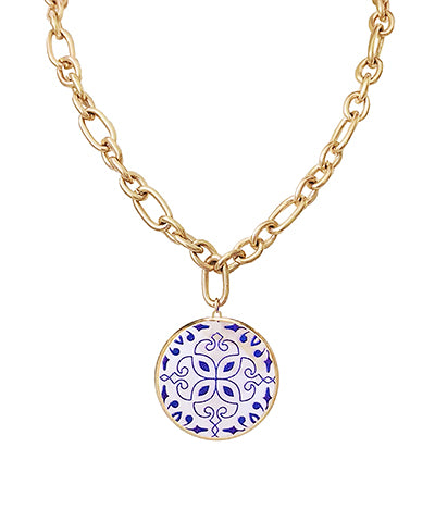 Blue Patterned MOP Pendant Necklace
