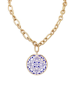 Blue Patterned MOP Pendant Necklace