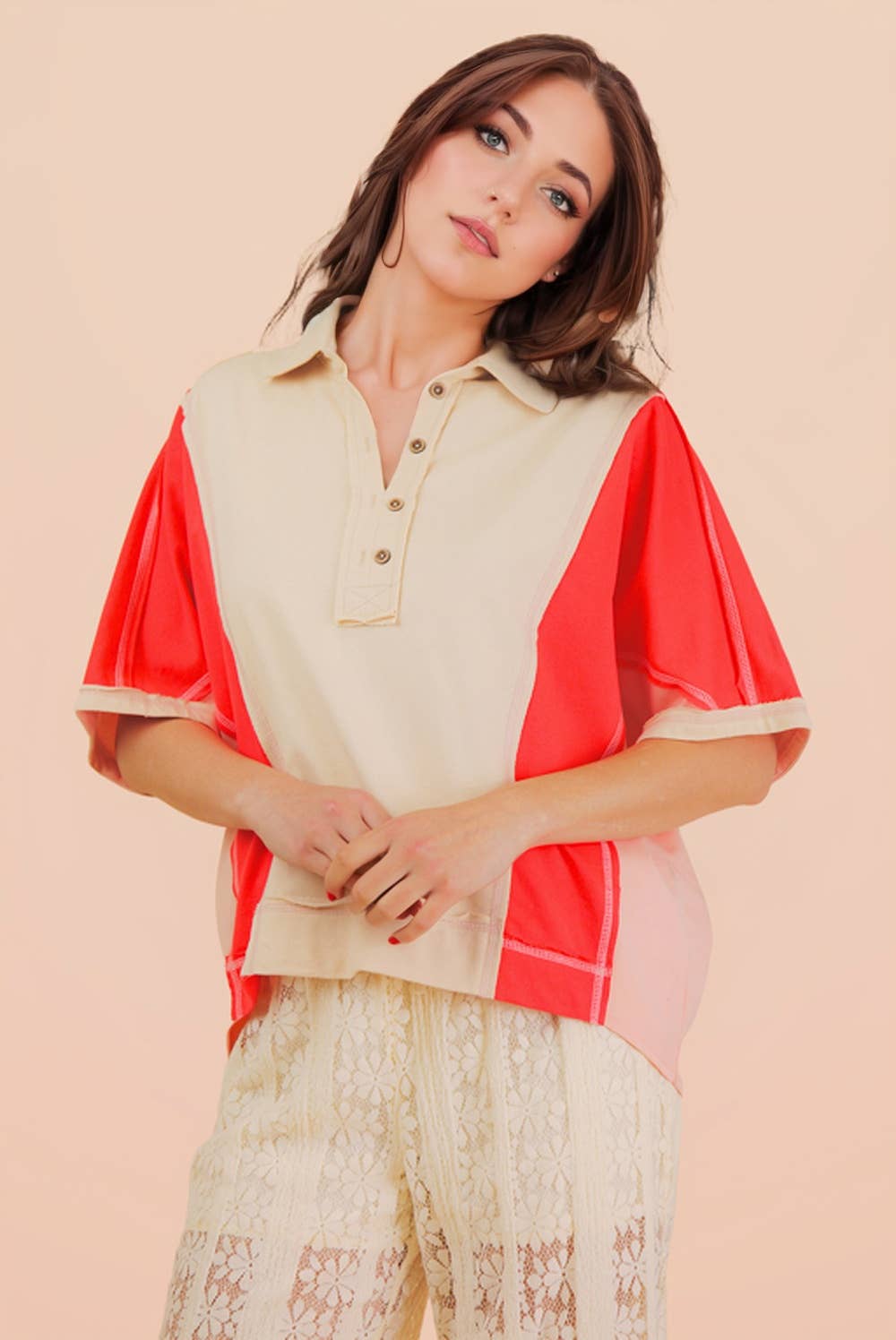 Oversized Dolman Sleeve Color Block Casual Top: TOMATO