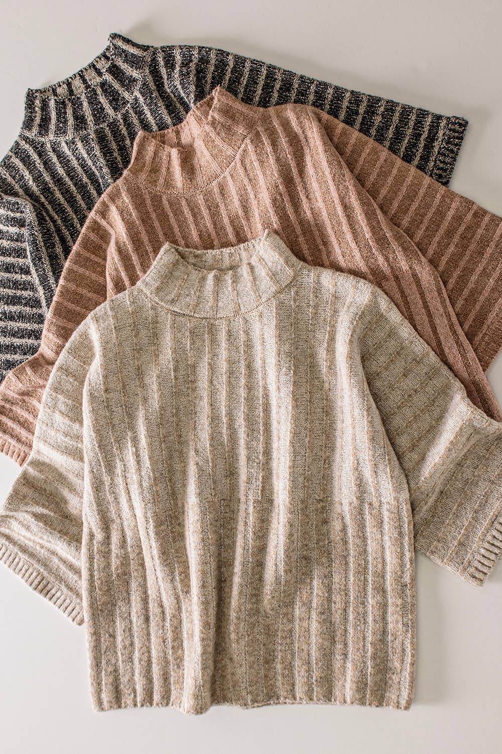 Ribbed Knit Mock Neck Sweater: OATMEAL