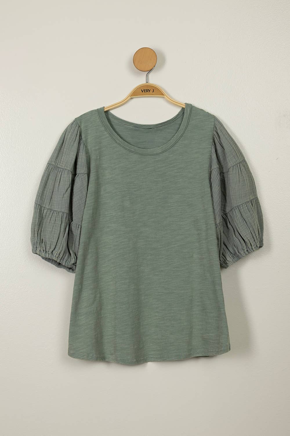 Mineral Washed Puff Sleeve Top: SAGE