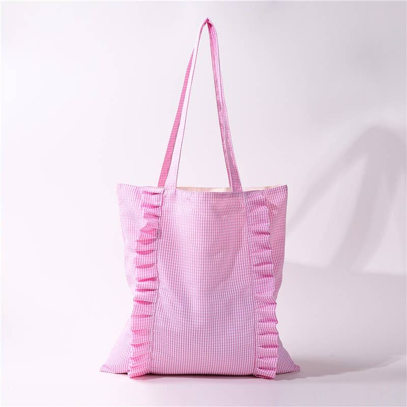 Gingham Ruffle Canvas Shoulder Tote Bag |Pink