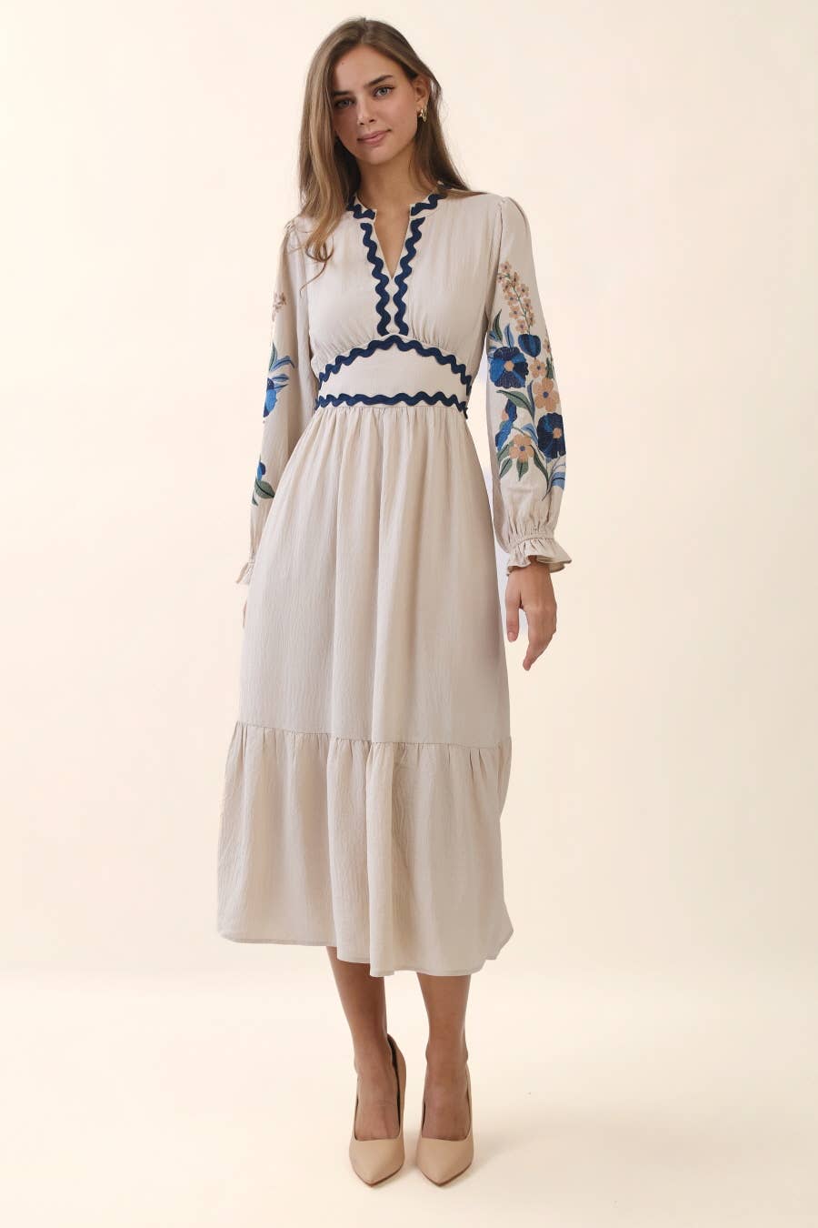 Embroidered Tiered Midi Dress: ECRU