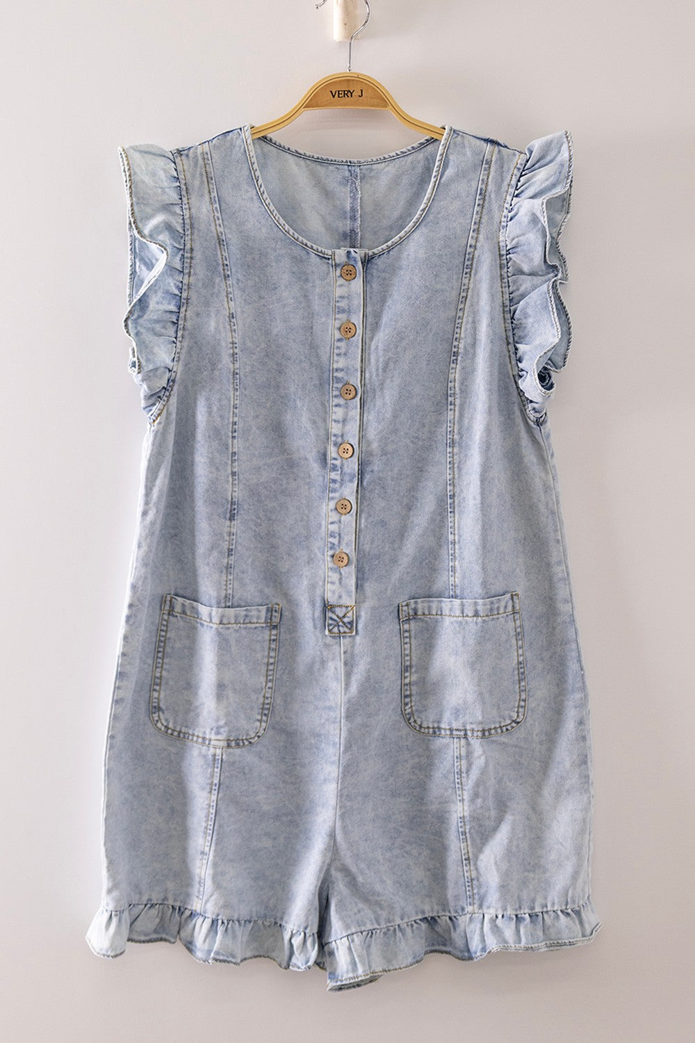 Ruffle Denim Romper: Lt Indigo