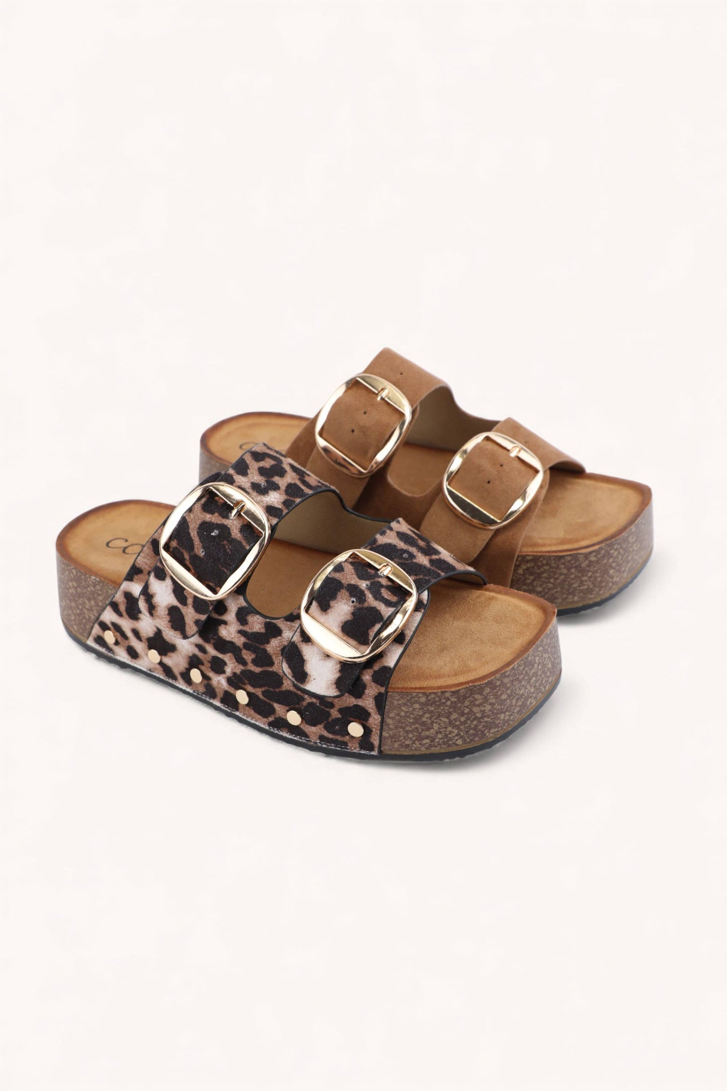 NANCY DOUBLE STRAPS WITH BOLD METAL BUCKLES PLATFORM SANDAL: CAMEL