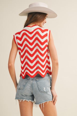 Red & White Chevron Crochet Tank Top