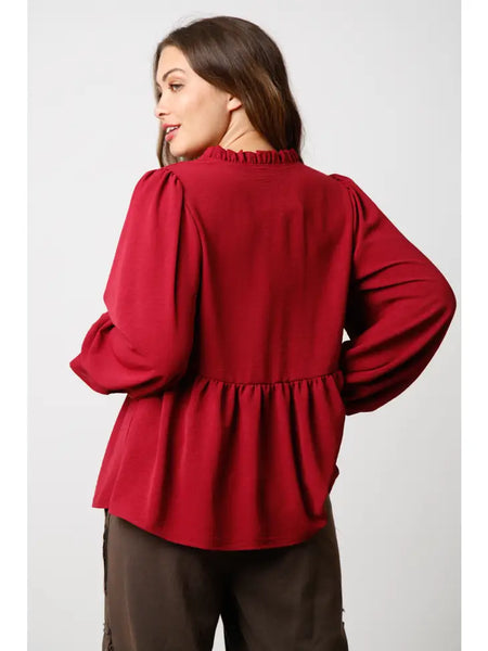 Notched Neck Long Sleeve Top