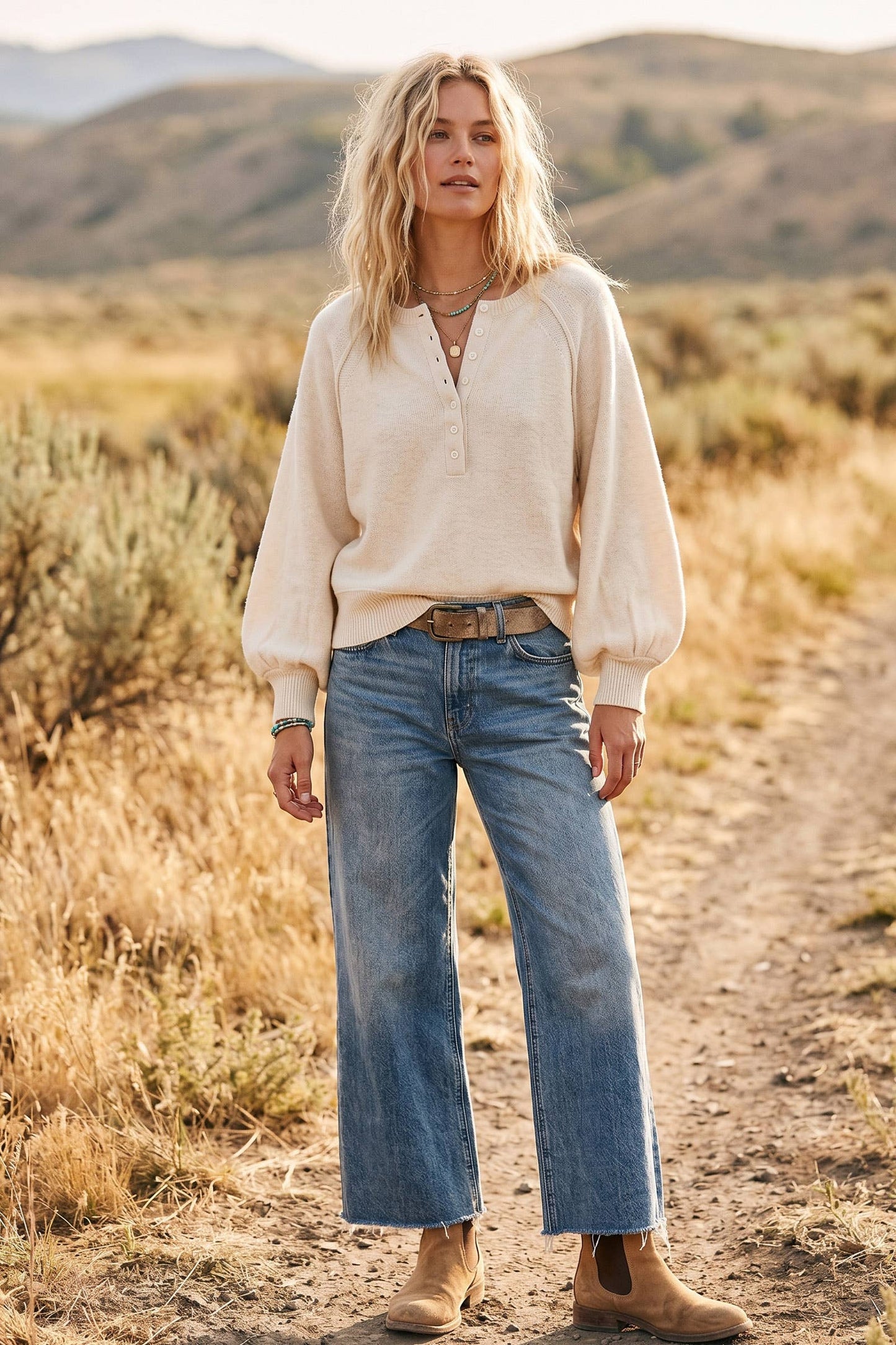 Henley Balloon Sleeve Sweater Top: IVORY