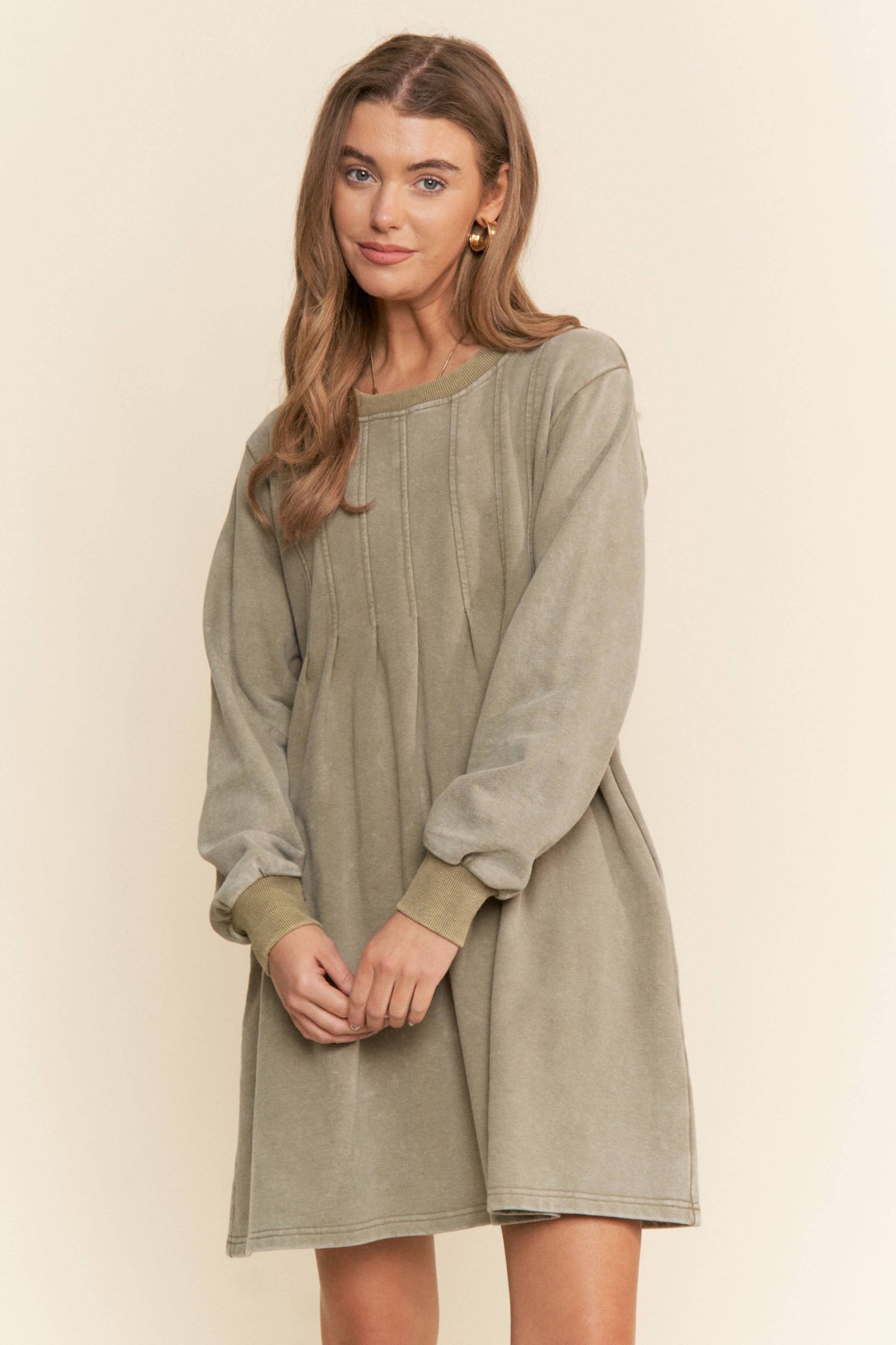 Pleated Round Neck Long Sleeve Sweater Dress