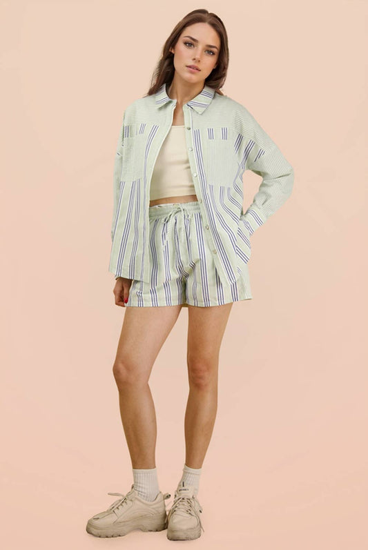 PLUS SIZE Stripe Woven Shirt Top & Shorts Set: BLUE/SAGE