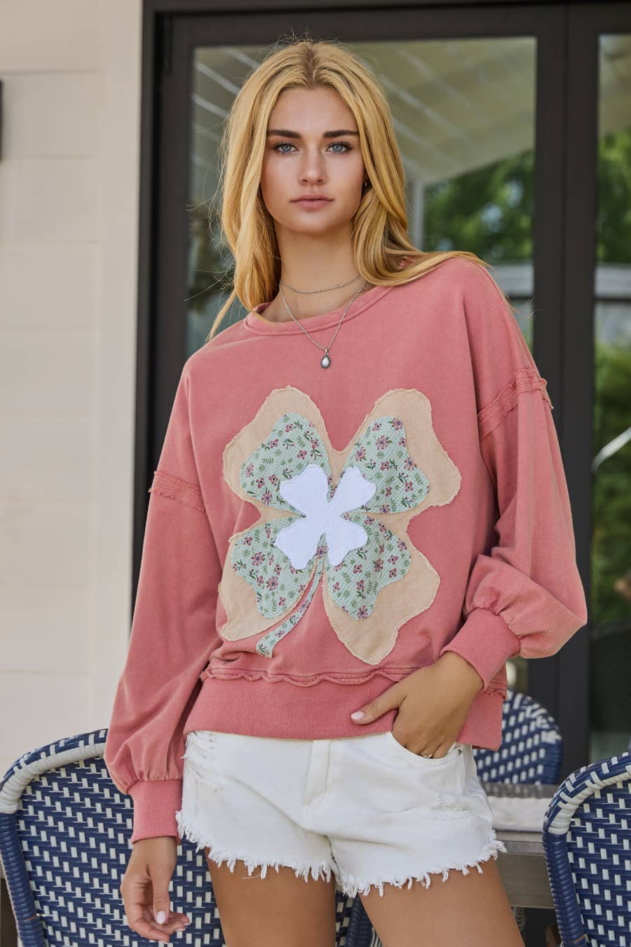 Print Mixed Fabric Clover Patch Sweatshirt