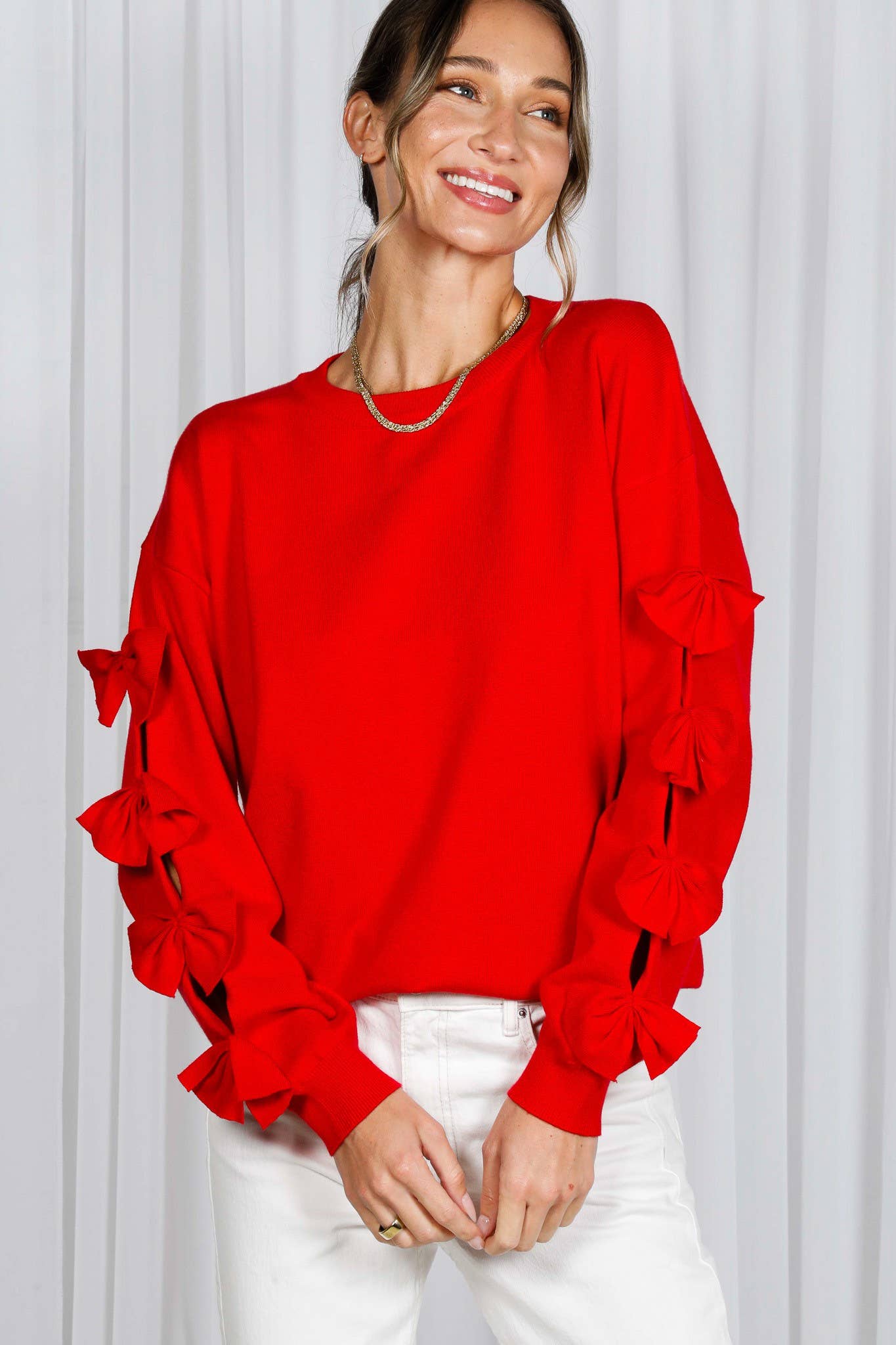 Bow Embellished Crew Neck Long-Sleeve Knit Sweater: Red