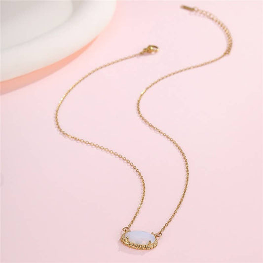 OVAL GEMSTONE CHARM PENDANT NECKLACE | WHITE JADE