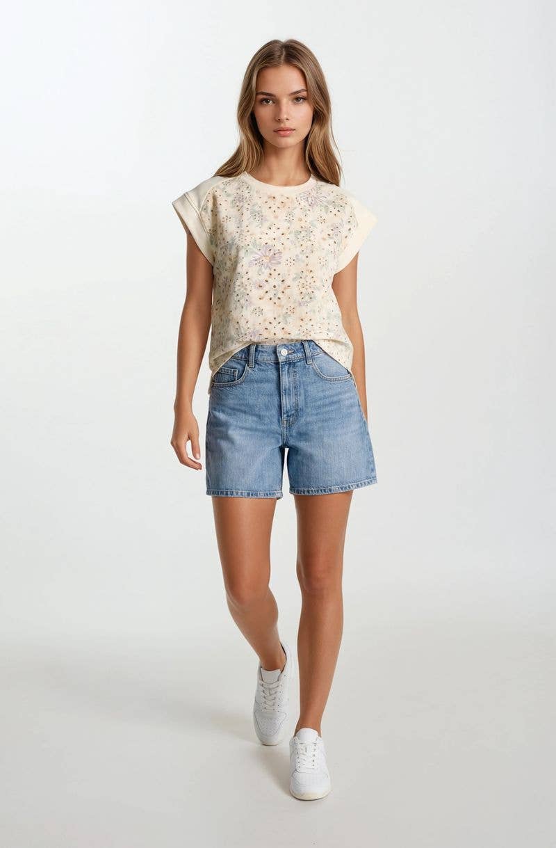 FLORAL EMBROIDERY PRINT & TERRY MIX TOP