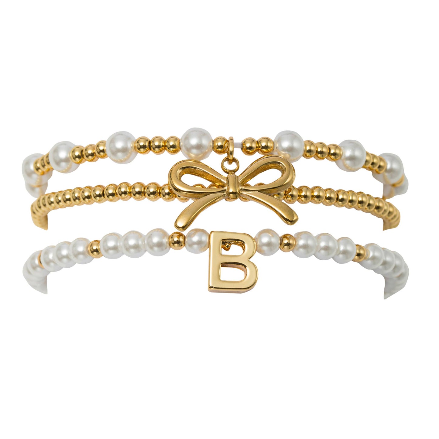 18K Gold Plated Set of 3 Pearl Bracelet with Bow & "B"