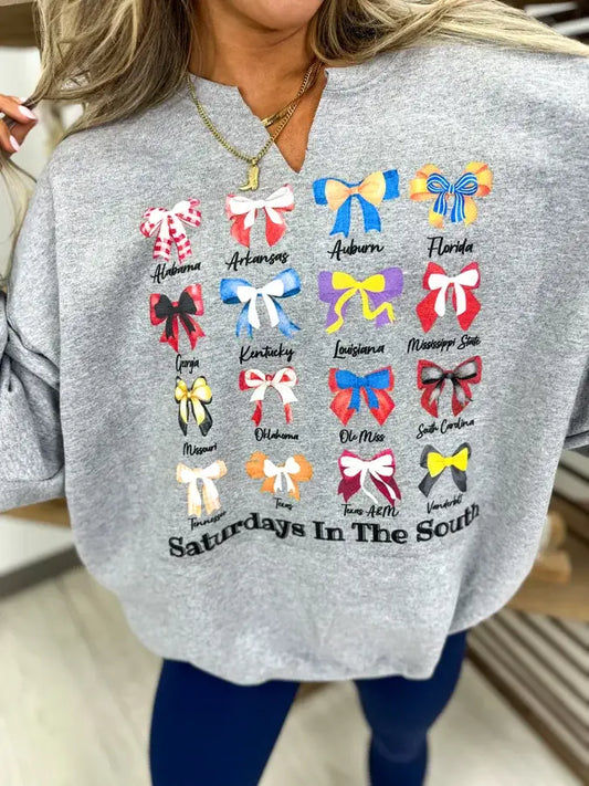 Saturdays In The South Sport Gray Split Neck Graphic Sweatshirt