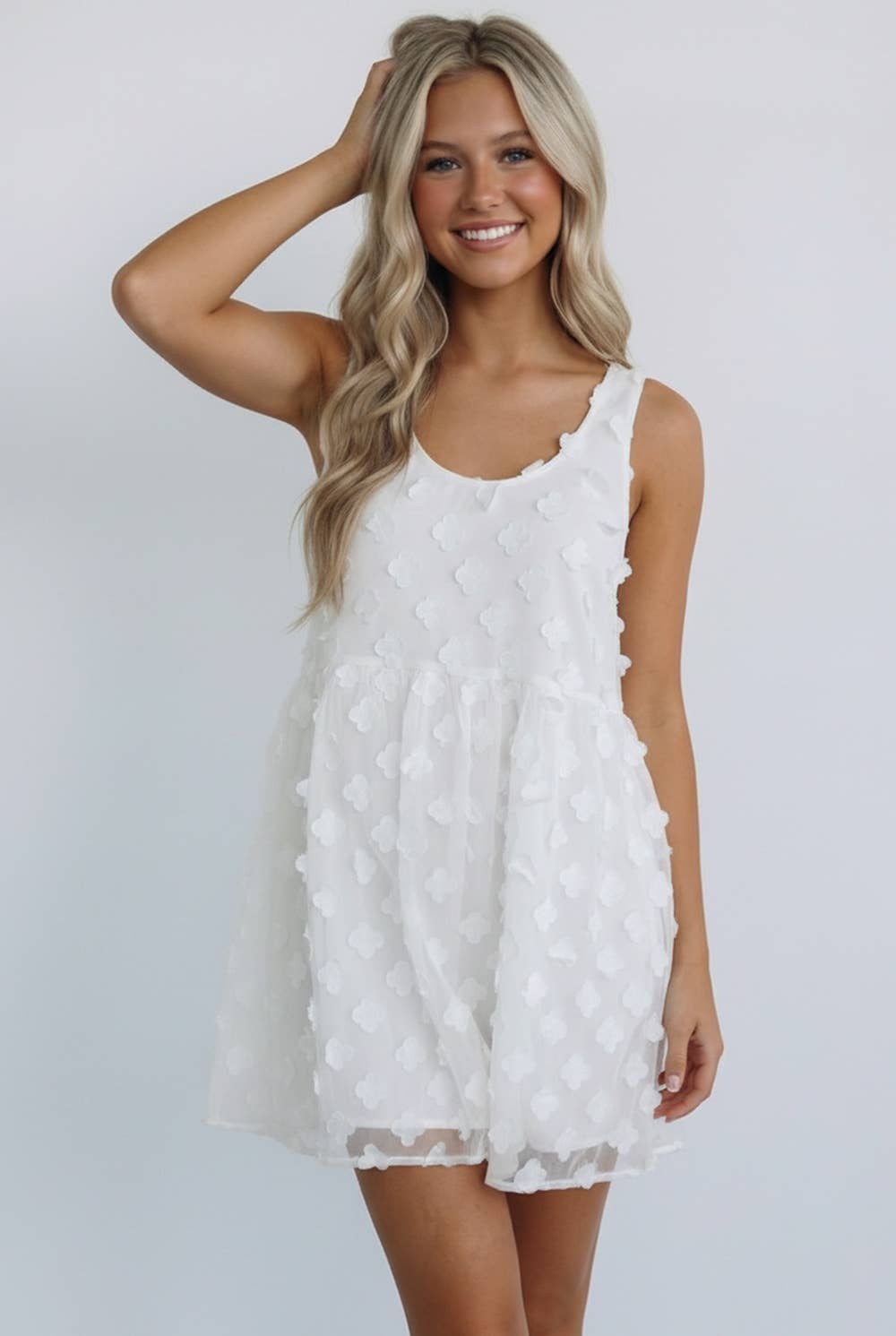 ROUND NECK FLOWER APPLIQUE BABYDOLL DRESS: IVORY