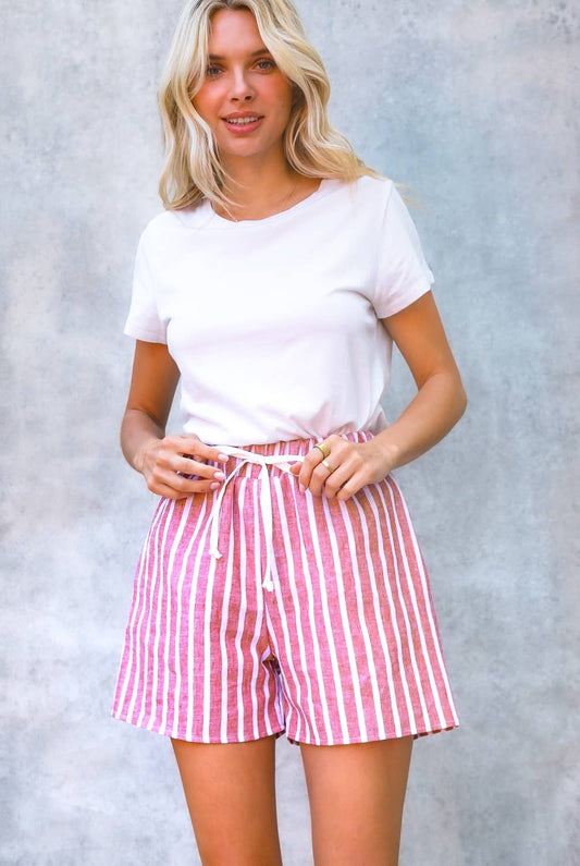 STRIPE ELASTIC BANDED SHORTS: Red/Ivory