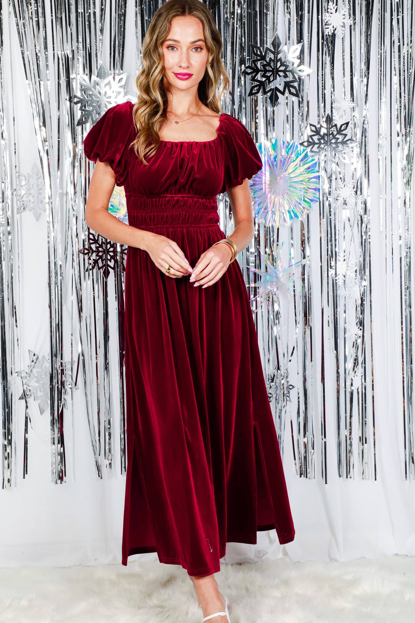 Square Neck Puff Sleeve Smocked Velvet Maxi Dress