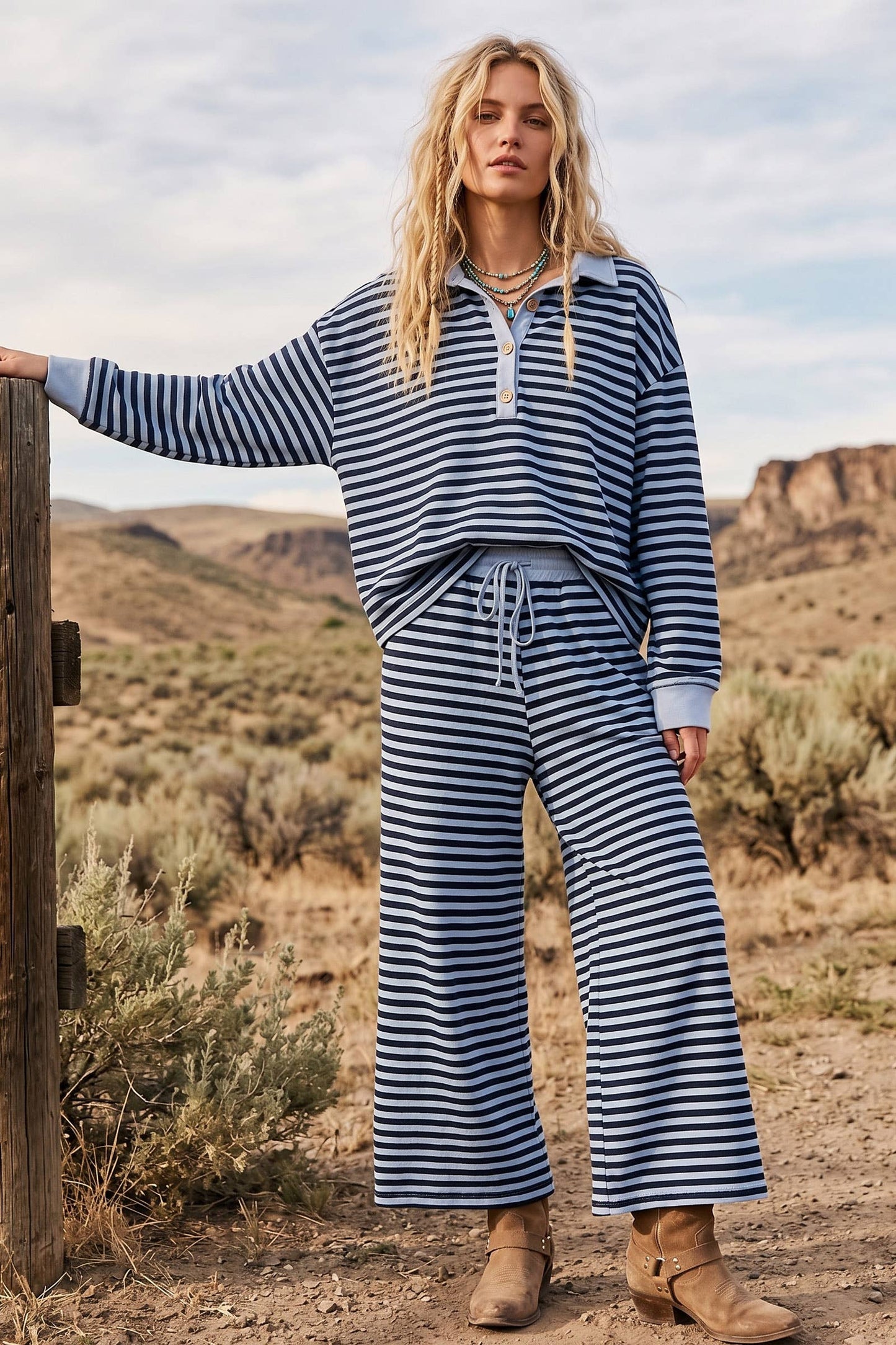 Soft Touch Stripe Wide Leg Set: BLUE/NAVY