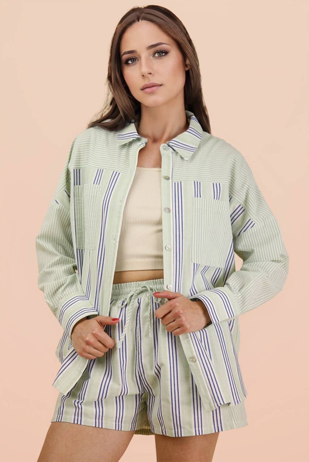 Stripe Woven Shirt Top & Shorts Set: TAUPE/BLACK
