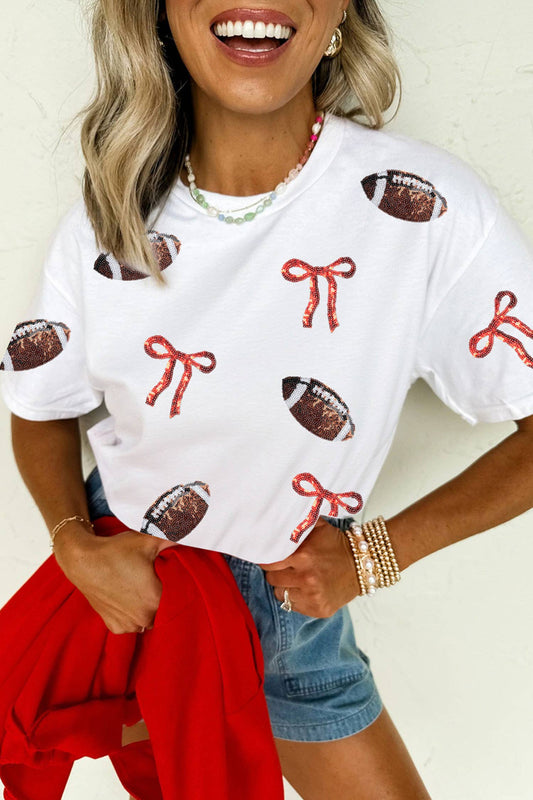 Game Day Sequin Rugby Bow Print Tee: White