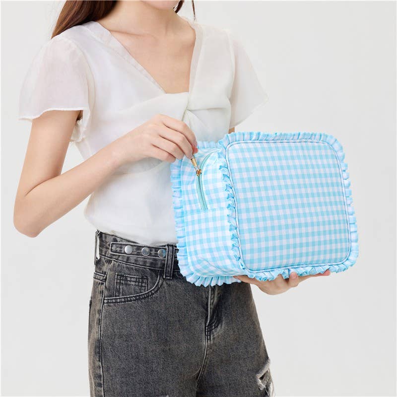 RUFFLE CHECKER STRIPE COSMETIC TRAVEL POUCH BAG |Mint