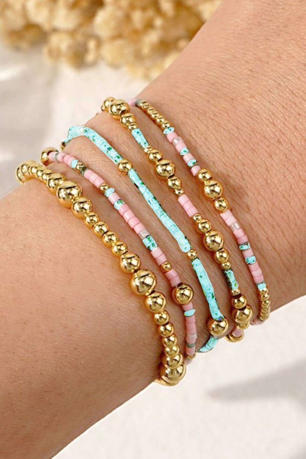 MULTI LAYER NATURAL STONE BALL CHAIN LINK BRACELET:Multi