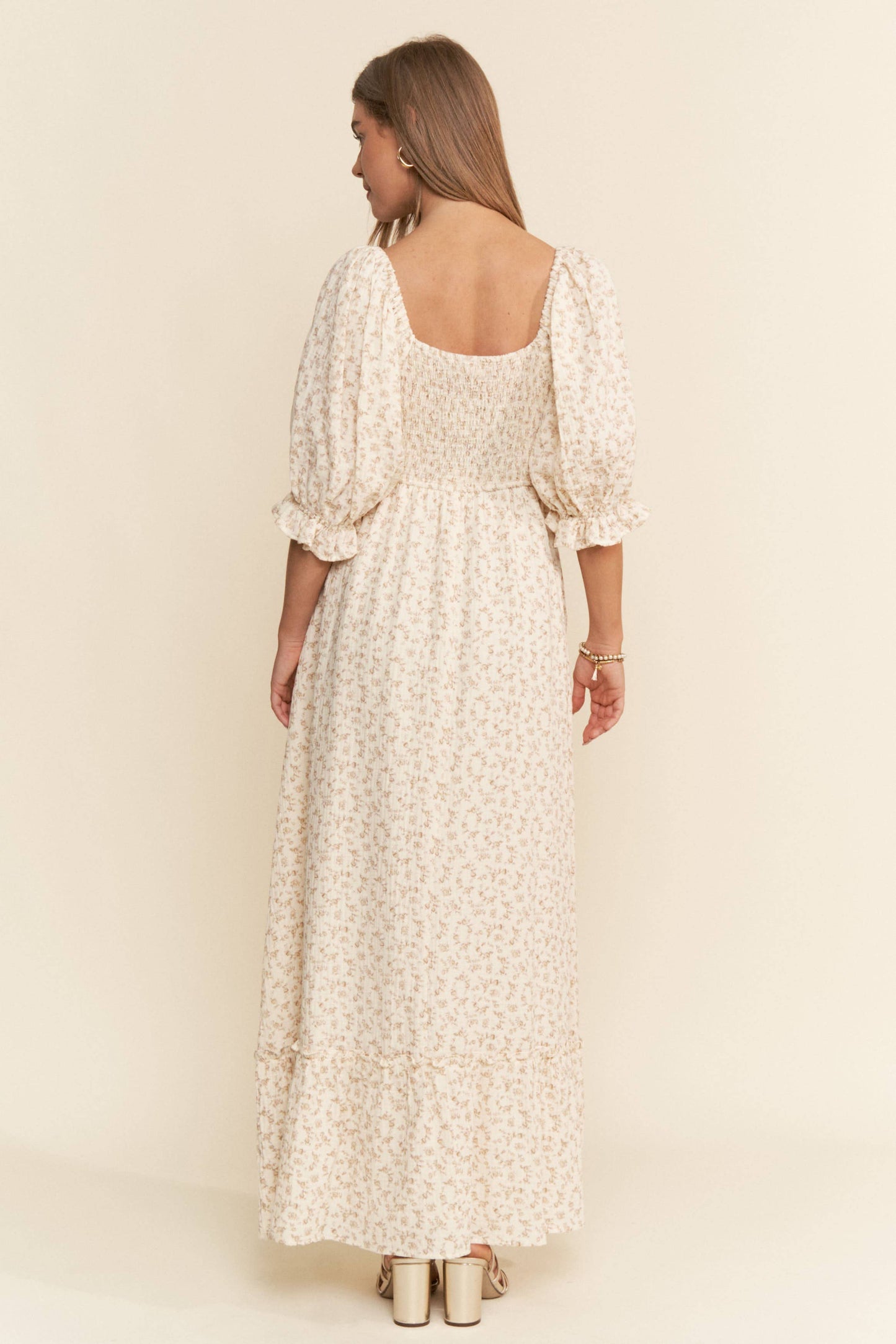 FLORAL PRINT MAXI DRESS: Neutral