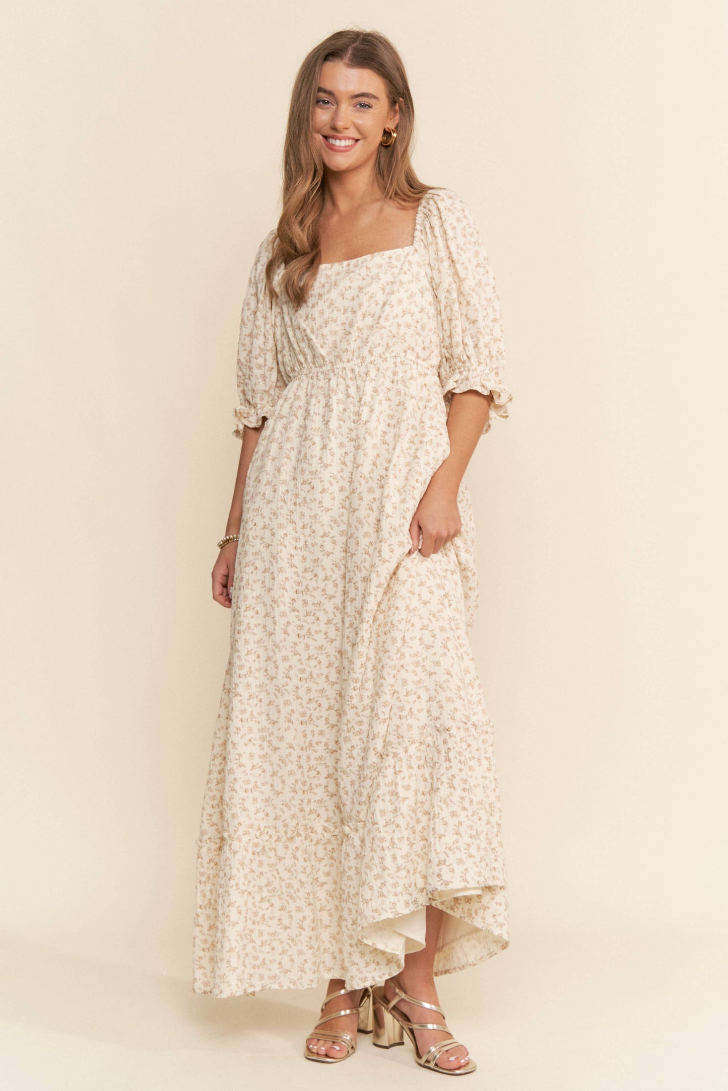 FLORAL PRINT MAXI DRESS: Neutral