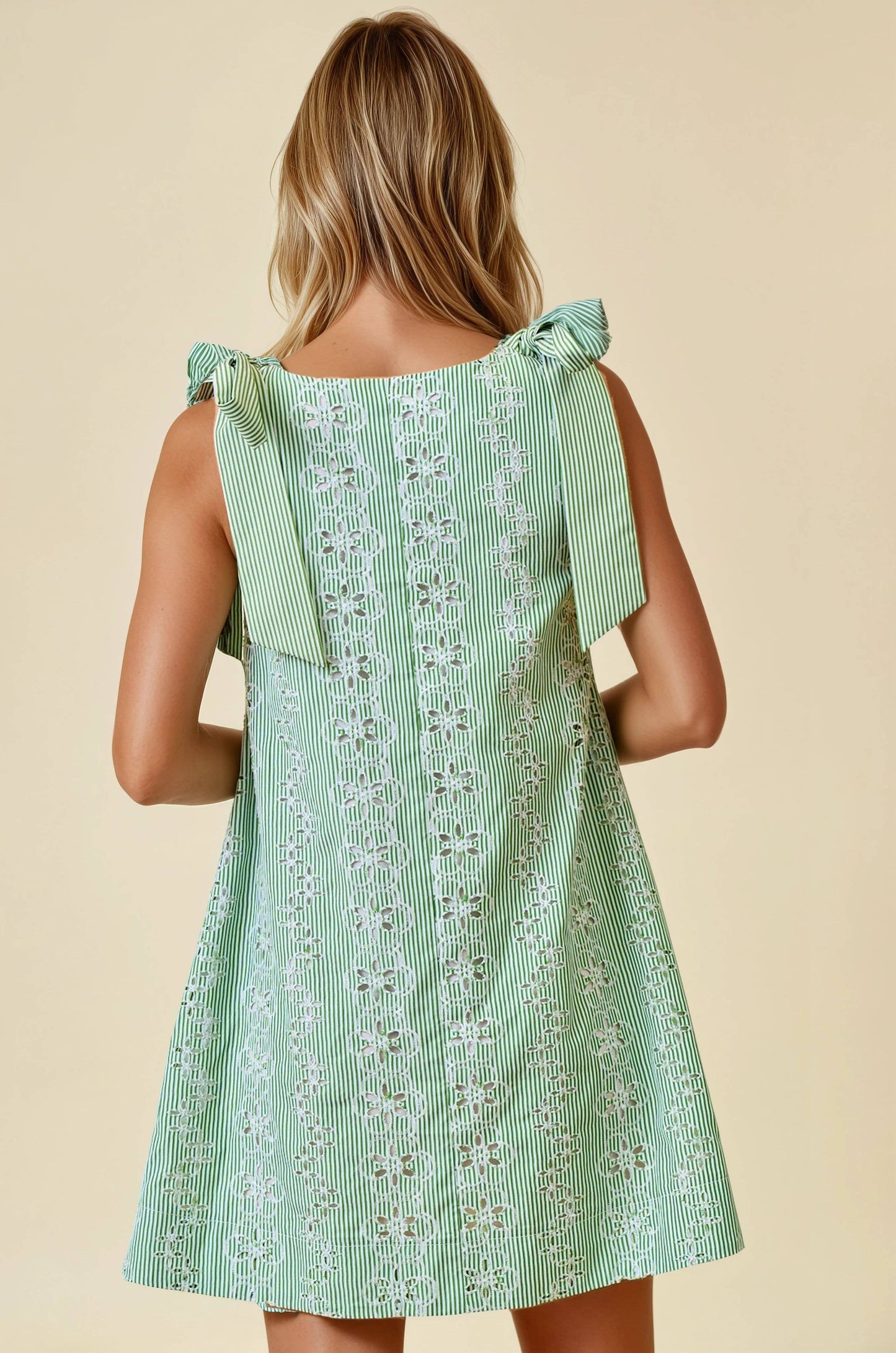 STRIPED EYELET TIE SHOULDER MINI DRESS