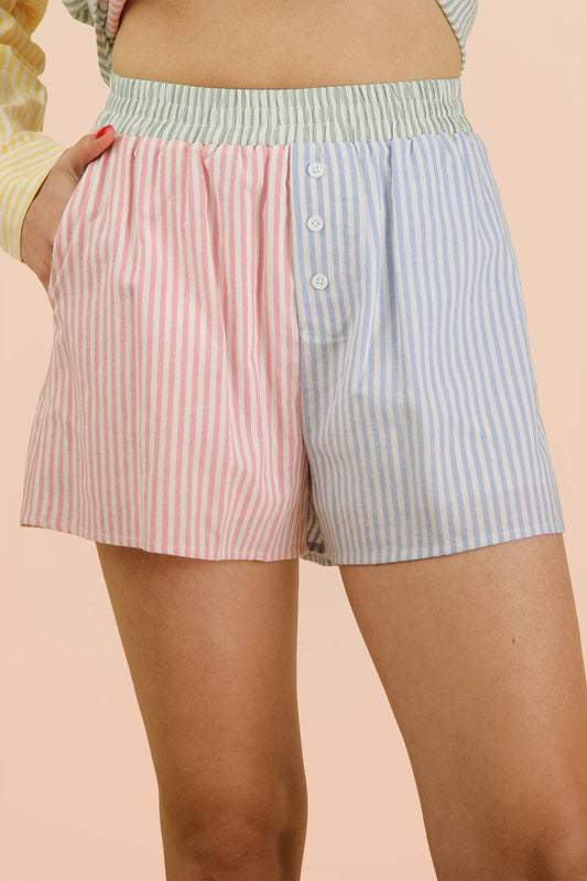 Stripe Color Block Shirt Top & Shorts Set: PINK MIX