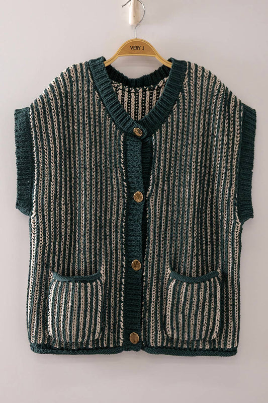 Two-Tone Rib Knit Vest Cardigan: HUNTER GREEN/CREAM
