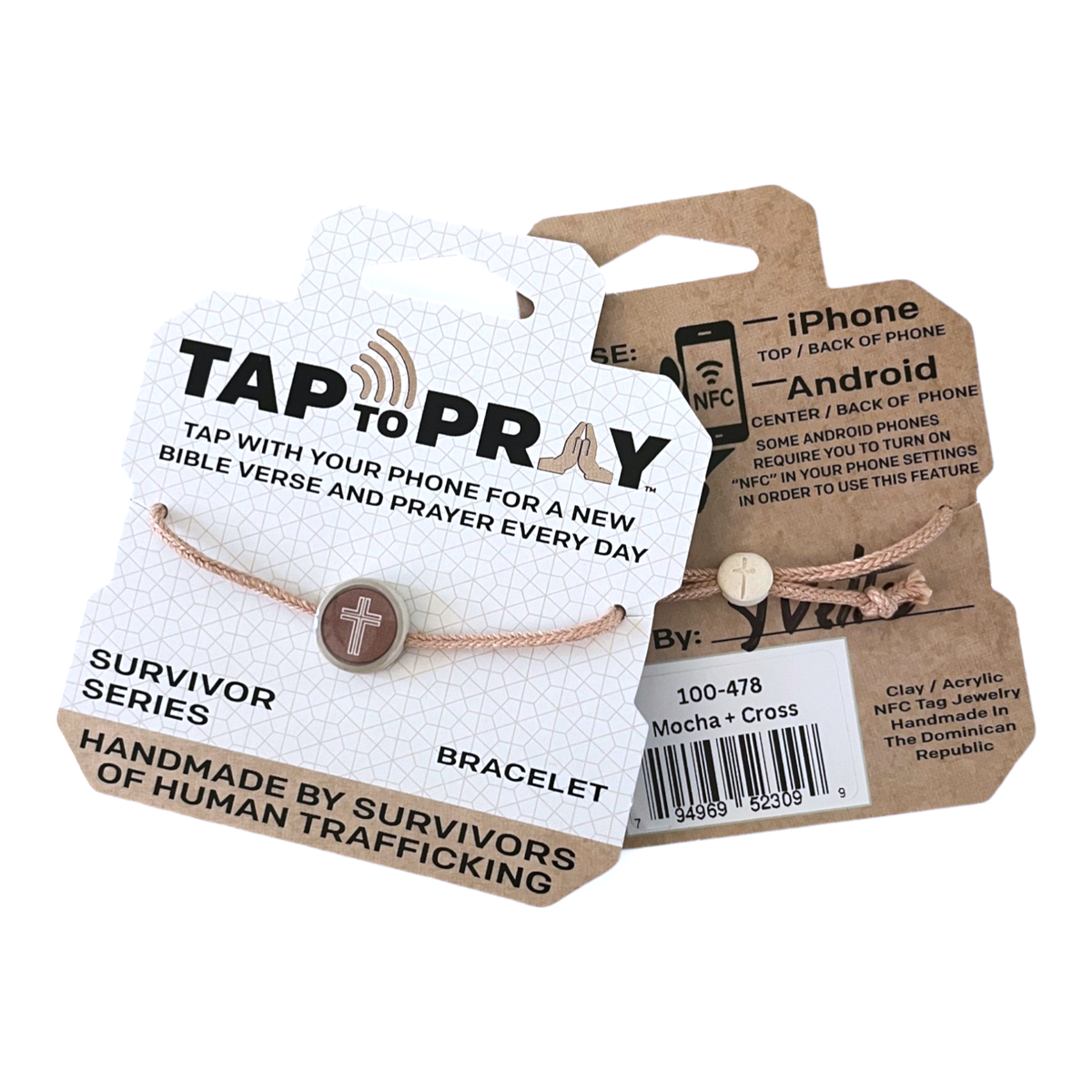 Tap To Pray® Survivor Series Braided Bracelet: Coral + Cross