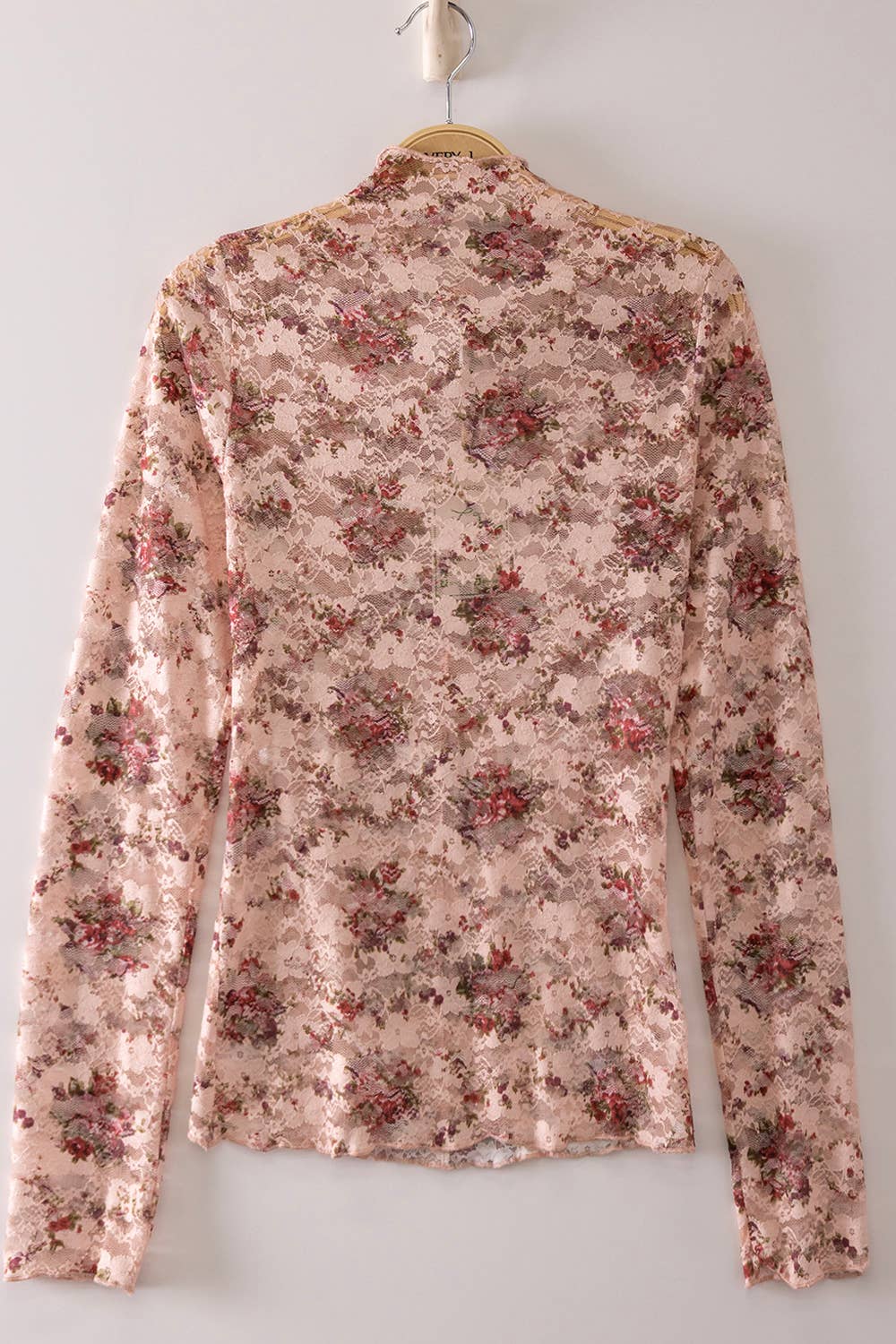 Sheer Mesh Lace Knit Top: BLUSH/CHERRY FLORAL