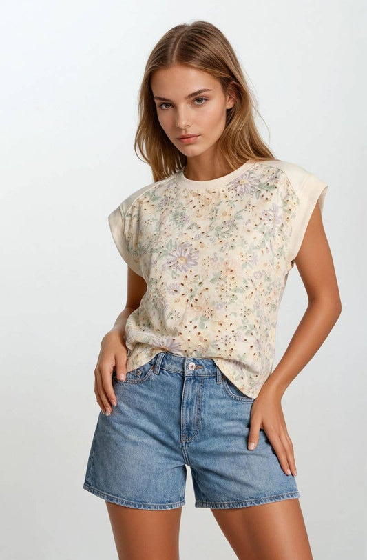 FLORAL EMBROIDERY PRINT & TERRY MIX TOP