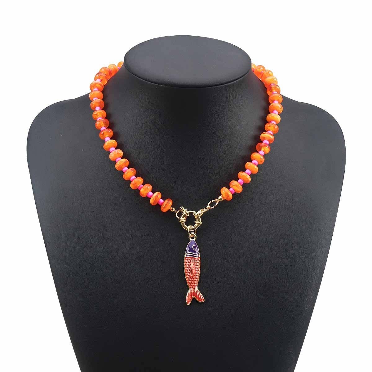 Stainless Steel Tarnish Free Fish Beaded Necklaces| ORANGE