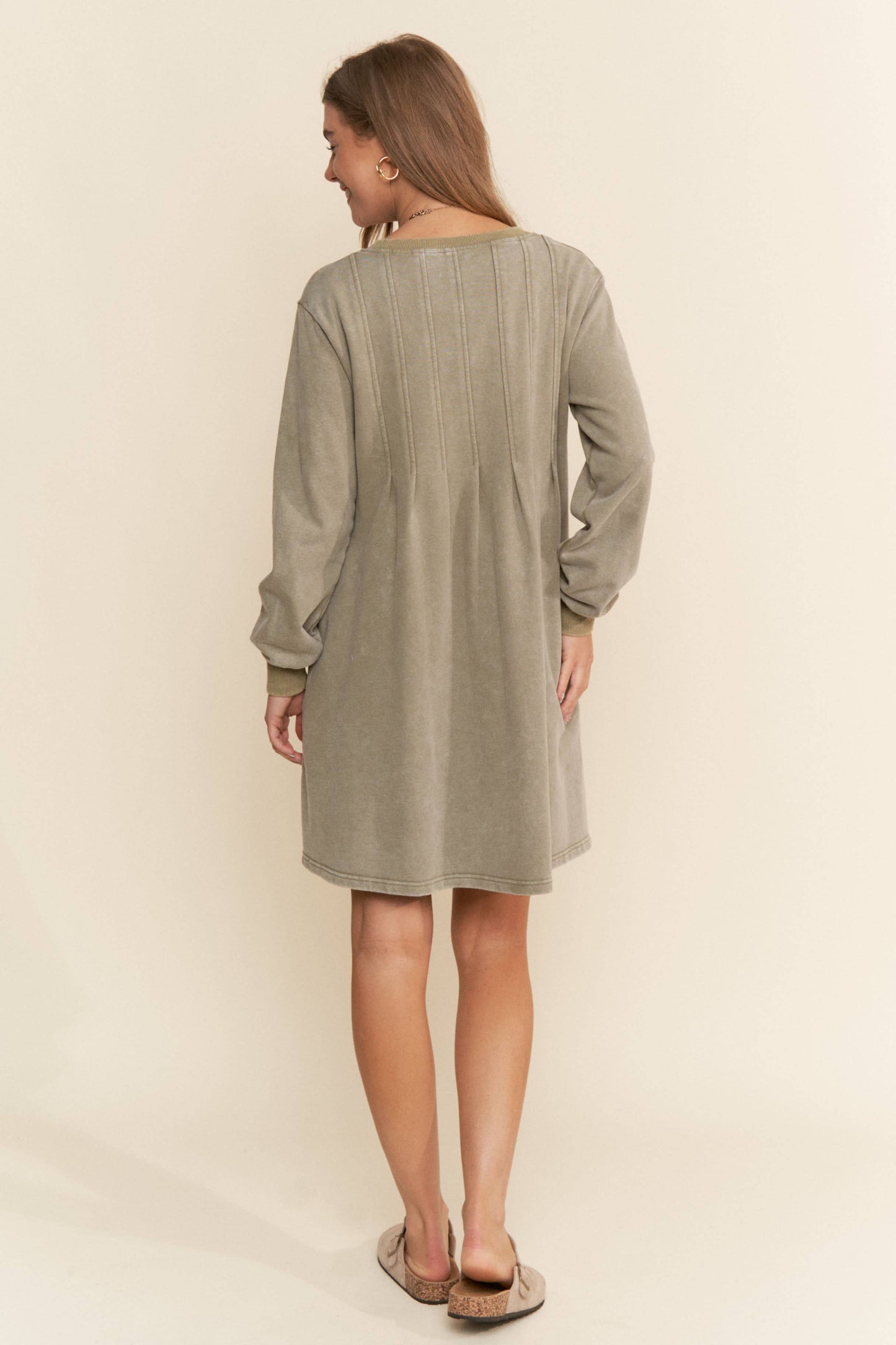 Pleated Round Neck Long Sleeve Sweater Dress