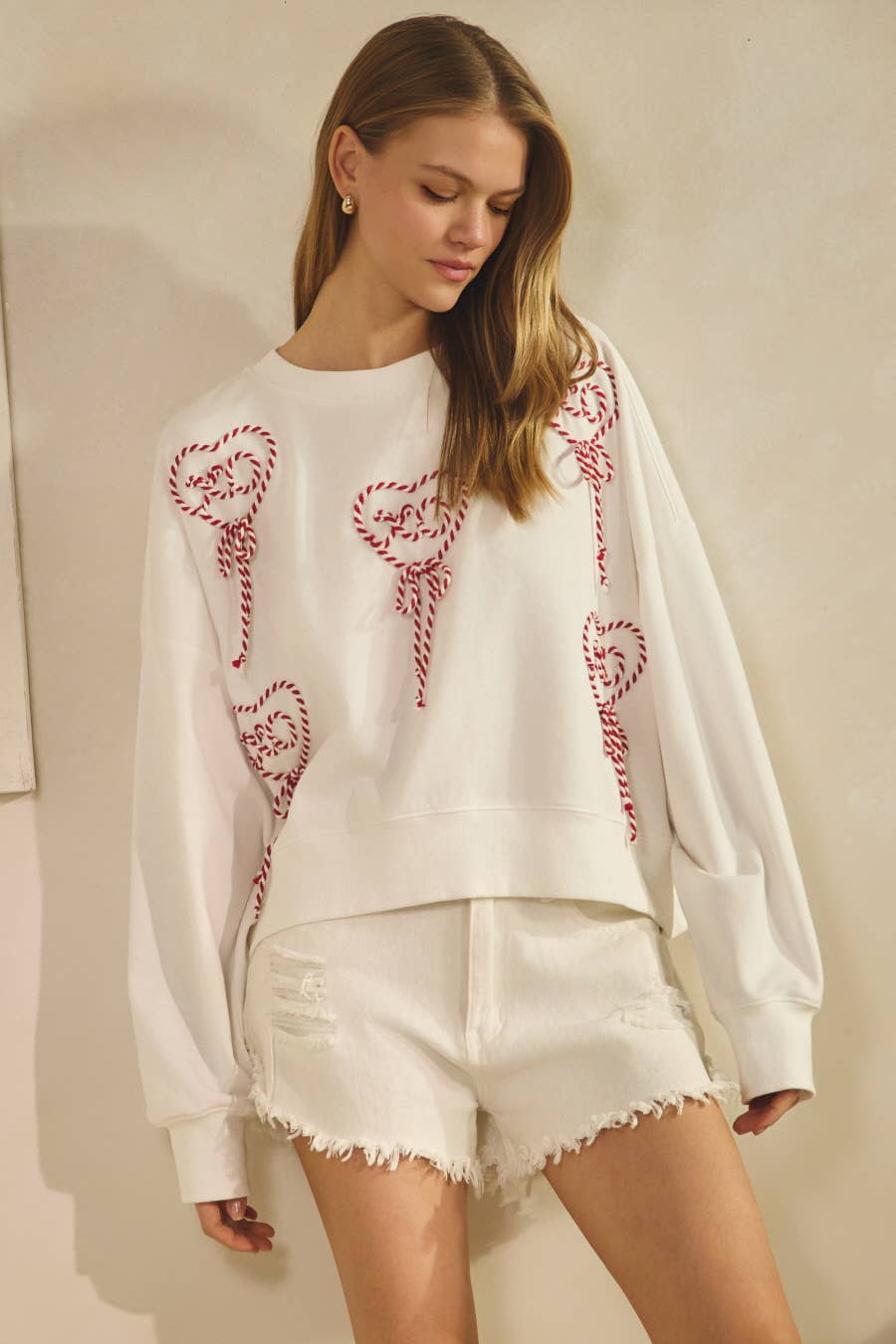 French Terry Pullover: w/embroidered hearts