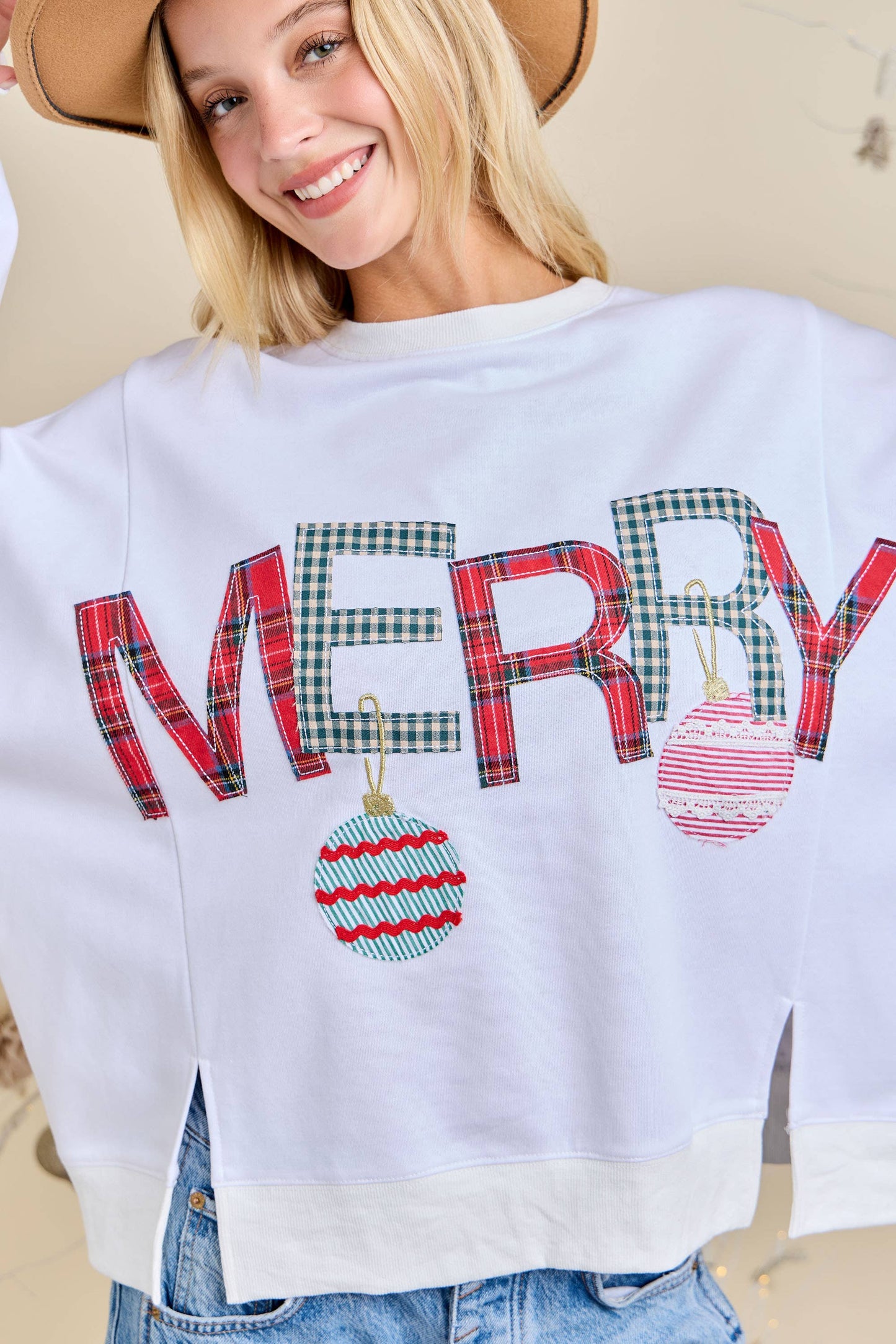 Merry With Ornament Patchwork Oversized Long Sleeve Top