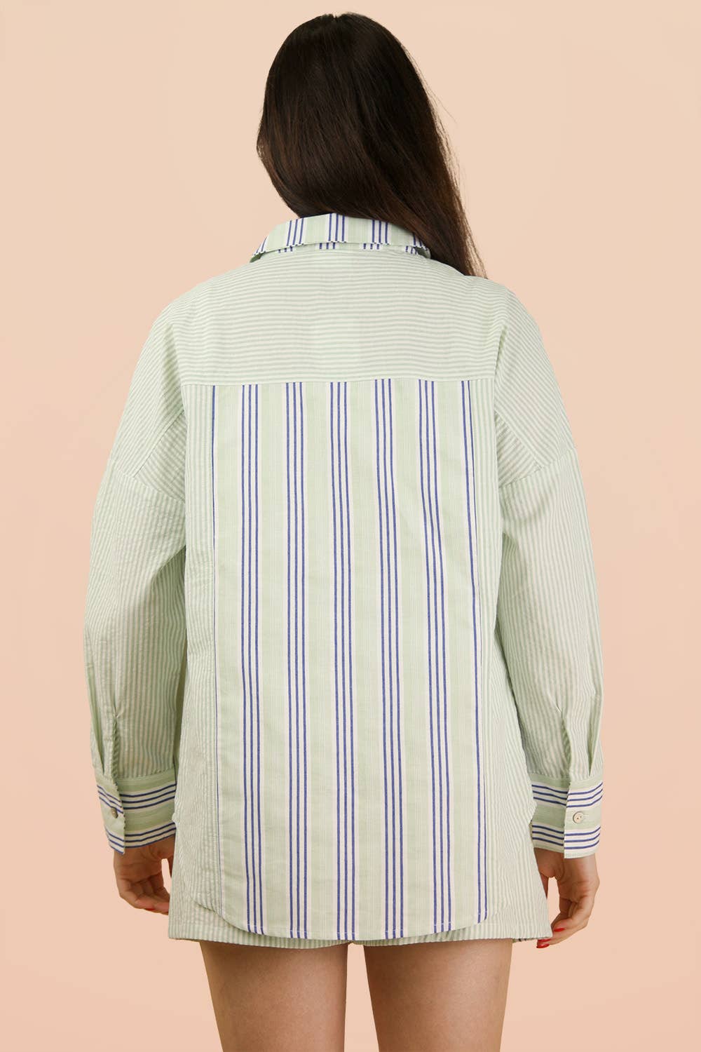 Stripe Woven Shirt Top & Shorts Set: TAUPE/BLACK