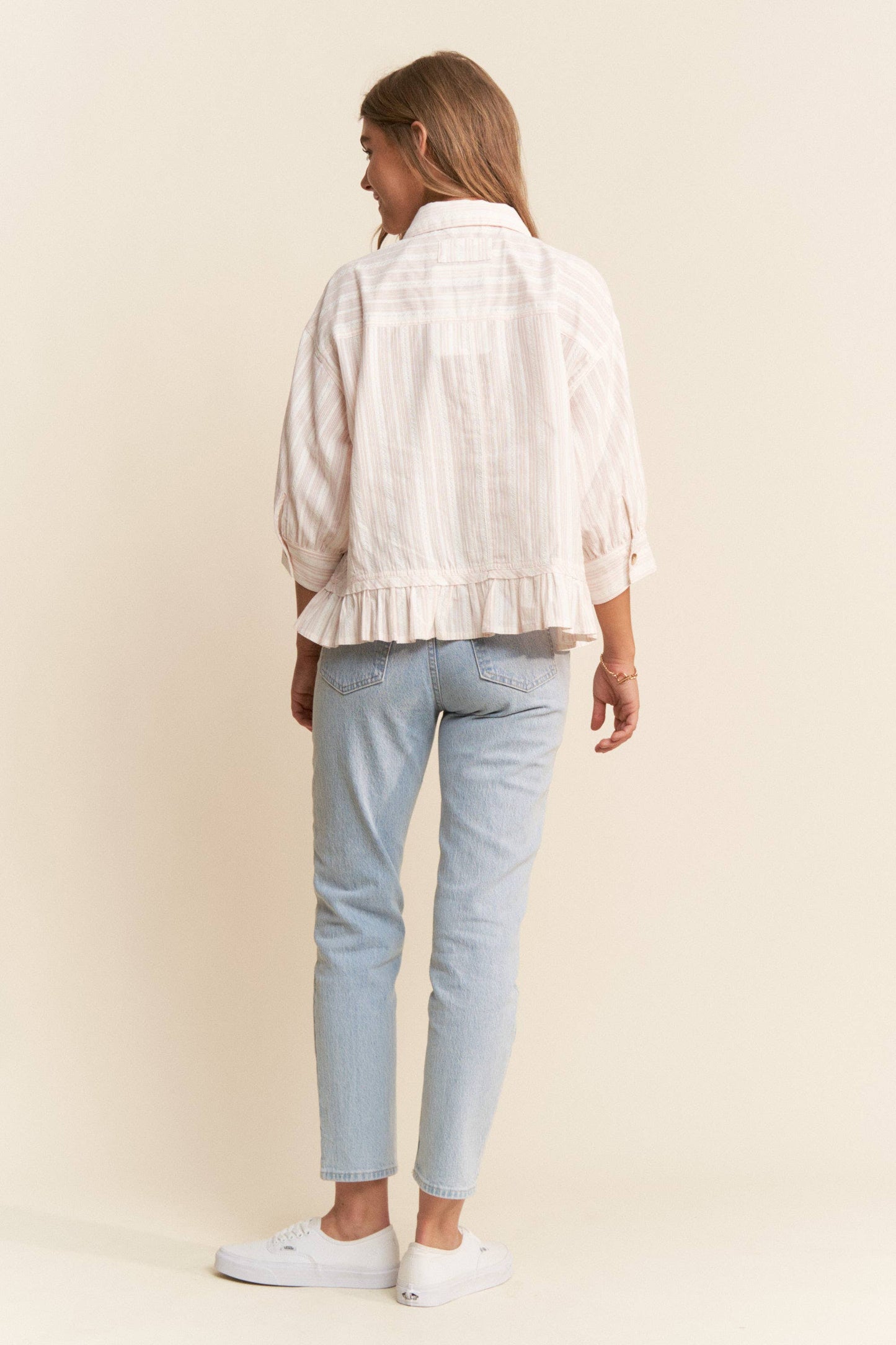 Stripe Jacquard Button Up Pleated Top