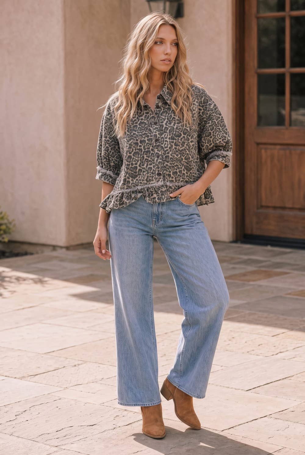 Leopard Print Frayed Ruffle Hem Shirt Jacket: LEOPARD
