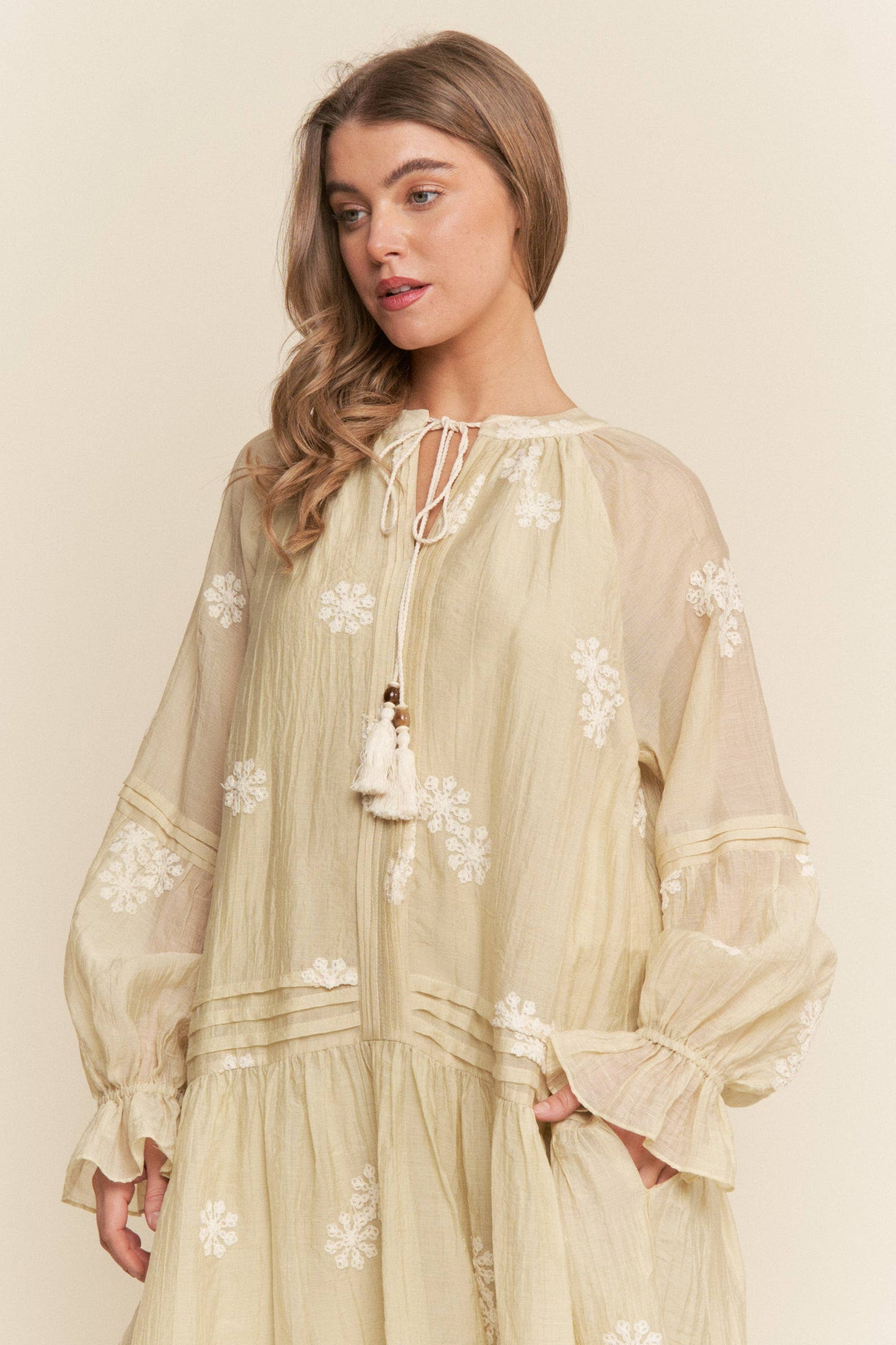 Embroidered Long Sleeve Light Weight Maxi