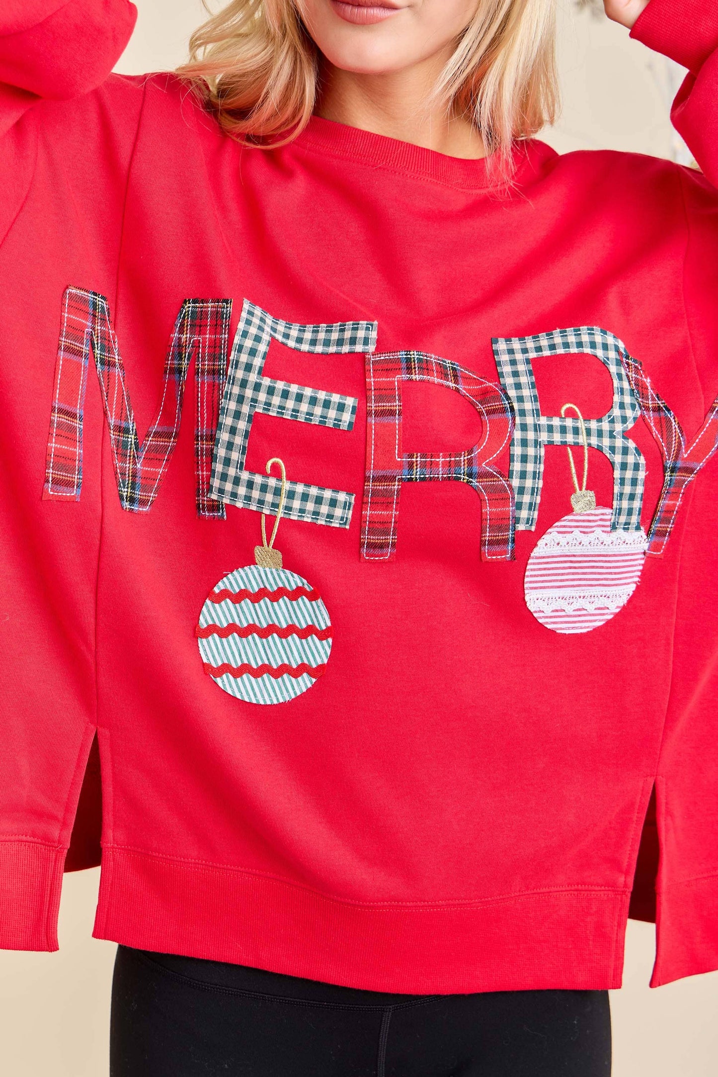 Merry With Ornament Patchwork Oversized Long Sleeve Top