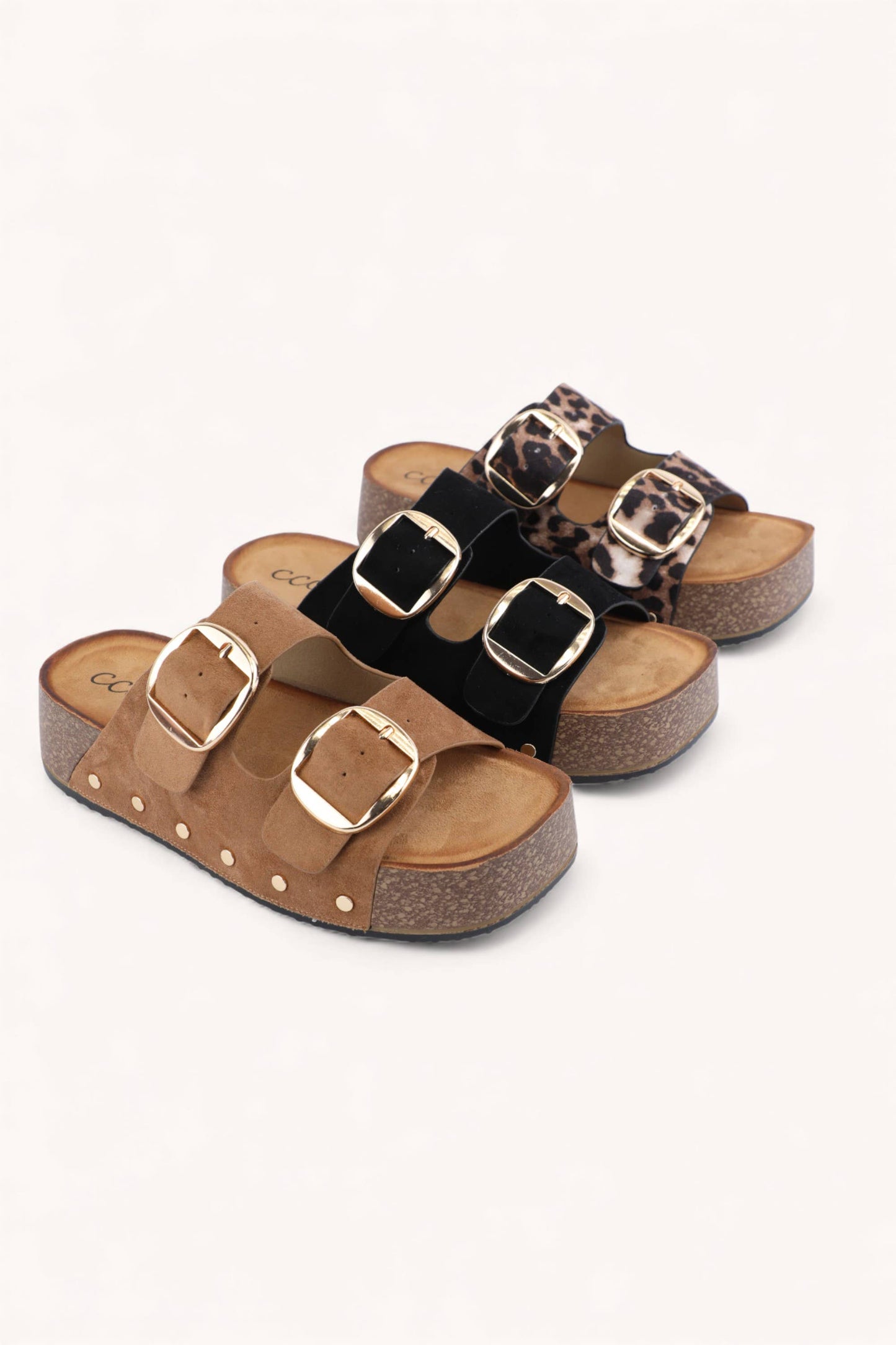 NANCY DOUBLE STRAPS WITH BOLD METAL BUCKLES PLATFORM SANDAL: CAMEL