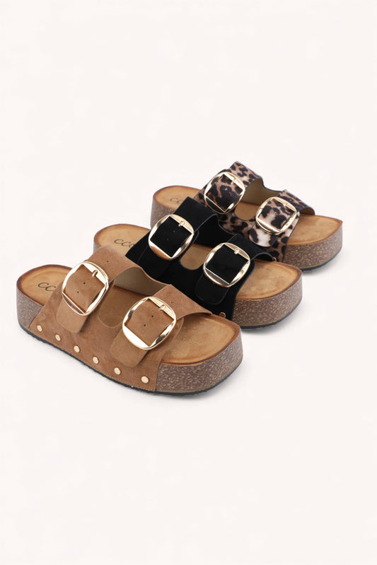 NANCY DOUBLE STRAPS WITH BOLD METAL BUCKLES PLATFORM SANDAL: CAMEL