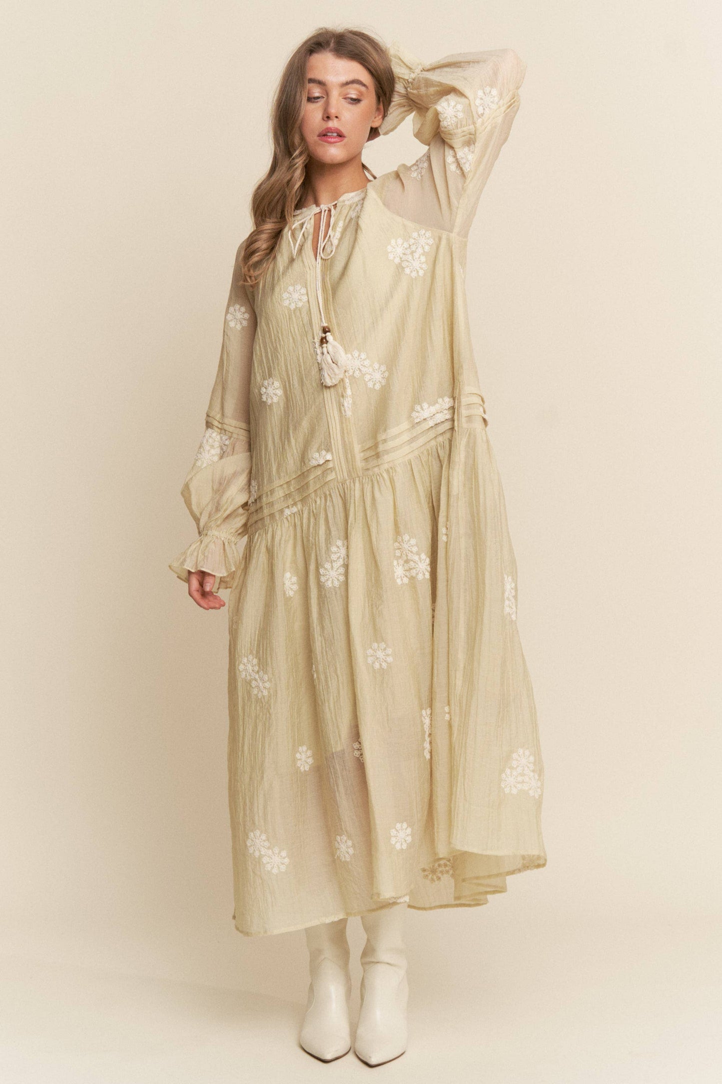 Embroidered Long Sleeve Light Weight Maxi