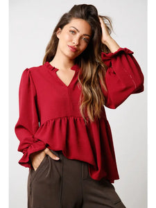 Notched Neck Long Sleeve Top