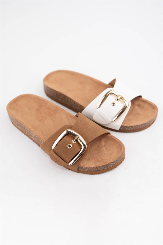 LIZZY-S Gold Buckle Cork Slide Sandals : TAN